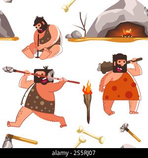 Primaeval people living in caves and wearing animal fur vector. Primitive tribe trying to survive, men using handmade tools and devices to catch animal. Torch and flame, male trying to make bonfire. Primaeval people living in caves and wearing animal fur Stock Vector