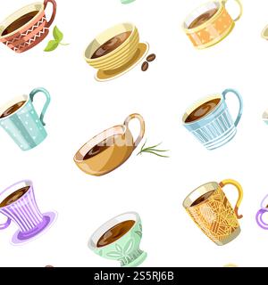 Coffee or tea poured in cup seamless pattern vector. Hot beverage, mint and candies, cocoa beans and orange slice. Mug with drink, cherry berry with leaves. Cafeteria with americano and latte. Coffee or tea poured in cup seamless pattern vector. Stock Vector