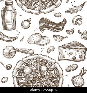 Italian pizza prepared dish and ingredients monochrome sketch outline vector seamless pattern of baked slices cheese and bacon meat product ketchup in plastic bottle knife and mushroom veggie.. Italian pizza prepared dish and ingredients monochrome sketch outline Stock Vector