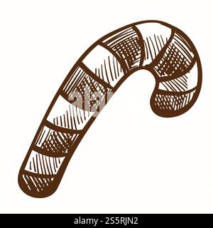 Traditional hard candy with stripped lines monochrome sketch outline vector isolated icon of lollipop symbolic sign of Christmas and New Year winter holidays food sweets for kinds adults on vacations.. Traditional hard candy with stripped lines monochrome sketch outline Stock Vector