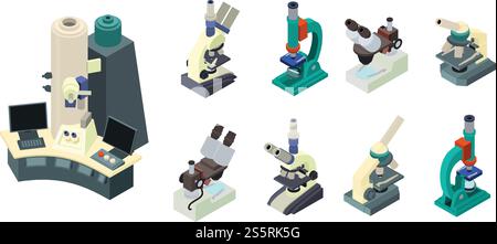 Microscope icons set. Isometric set of microscope vector icons for web design isolated on white background. Microscope icons set, isometric style Stock Vector