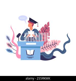 Graduation speech of person wearing mantle and traditional hat vector. Male reading from piece of paper, thinking and talking, obtaining high degree in college and university. End of education. Graduation speech of person wearing mantle and traditional hat Stock Vector