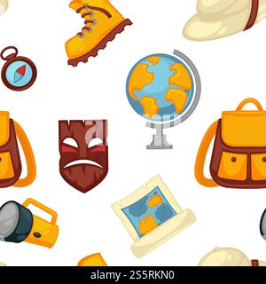 Traveling and adventures symbols set, boots and globe seamless pattern isolated on white background vector. Map of world model, flashlight and mask of exotic country, backpack for personal belongings. Traveling and adventures symbols set, boots and globe Stock Vector