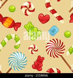 Delicious sweet candies in bright covers and lollipops in shape of cute hearts, striped cane and small teddy in seamless pattern isolated cartoon flat vector illustrations set inside squares.. Delicious sweet candies in bright covers and lollipops in shape of cute hearts, striped cane and small teddy in seamless pattern isolated Stock Vector