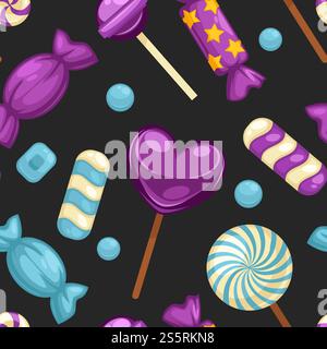 Delicious sweet candies in bright covers and lollipops in shape of cute hearts, striped cane and small teddy in seamless pattern isolated cartoon flat vector illustrations set inside squares.. Delicious sweet candies in bright covers and lollipops in shape of cute hearts, striped cane and small teddy in seamless pattern isolated Stock Vector