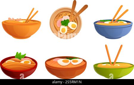 Ramen icons set. Cartoon set of ramen vector icons for web design. Ramen icons set, cartoon style Stock Vector