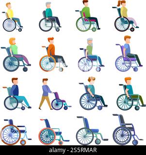 Wheelchair icons set. Cartoon set of wheelchair vector icons for web design. Wheelchair icons set, cartoon style Stock Vector