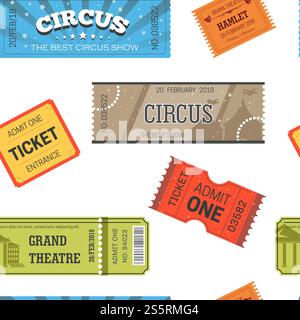 Tickets design templates for movie, theater or cinema and circus or show seamless pattern. Vector retro and modern colorful tickets for entrance admit to entertainment industry with dotted lines. ?????? Stock Vector