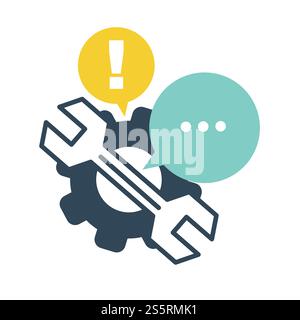 Help service helping hotline support of customers and clients isolated icon in flat style vector tool with mark and thought bubble with loading sign cogwheel gear settings and wrench tool instrument.. Help service helping hotline support of customers and clients Stock Vector