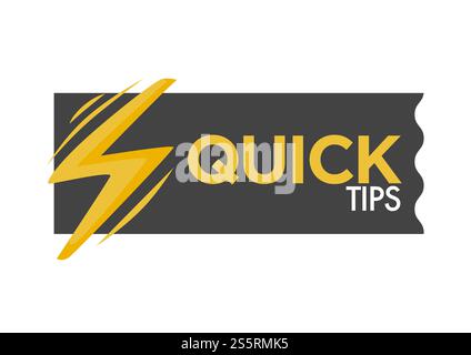 Quick tips poster giving advice. Hand gesture and headline placed in black block, logo of company service helping people to solve problems. Solution findings isolated on white vector illustration. Quick tips poster giving advice. Hand gesture and headline placed in black block Stock Vector