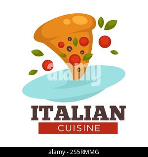 Italian cuisine pizza on plate. Fastfood tasty meal with cherry tomatoes and black olives, basil leaves vector isolated on white. Traditional Italy food made of dough, slice of nutrition food. Italian cuisine, traditional food of Italy, pizza slice Stock Vector