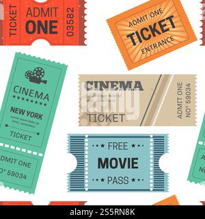 Tickets design templates for movie, theater or cinema and circus or show seamless pattern. Vector retro and modern colorful tickets for entrance admit to entertainment industry with dotted lines. ?????? Stock Vector