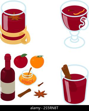 Mulled wine icons set. Isometric set of mulled wine vector icons for web design isolated on white background. Mulled wine icons set, isometric style Stock Vector