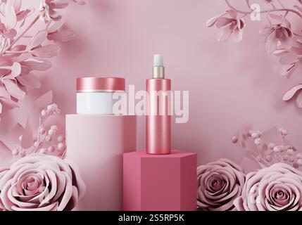 Bottles and spray bottles for medicine or cosmetics. Stock Photo