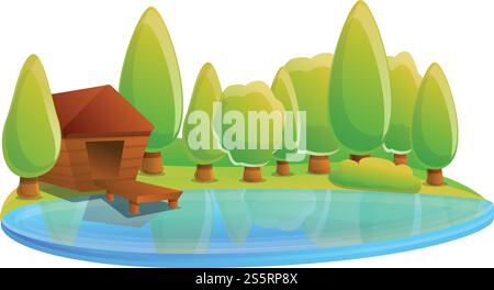 Wood house on lake icon. Cartoon of wood house on lake vector icon for web design isolated on white background. Wood house on lake icon, cartoon style Stock Vector