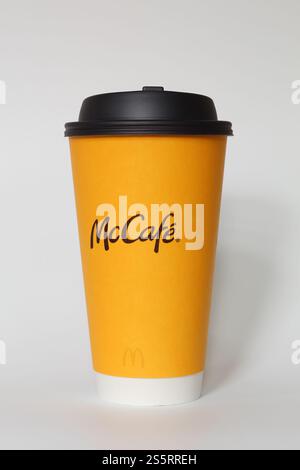 Houston, Texas, USA - January 14 2025: Large McDonald's McCafe coffee cup with white background. Stock Photo