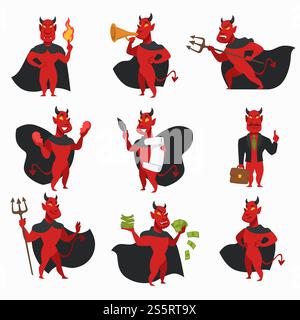 Devil in cloak with horns and tail red skin demon isolated icons fire or flame and trumpet trident and broken heart contract with feather and office suit with briefcase money creature from hell vector.. Devil in cloak with horns and tail, red skin demon isolated icons Stock Vector