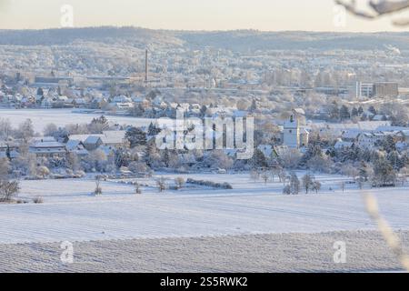 View from the Scharfenberg vantage point over the Elbe to Brockwitz and Coswig on a winter morning, Saxony, Germany, Europe Stock Photo