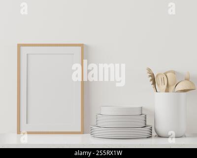 Picture frames of plates, spoons and forks in glasses that are placed on the shelves. Stock Photo