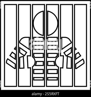 Prisoner behind bars holds rods with his hands Angry man watch through ...