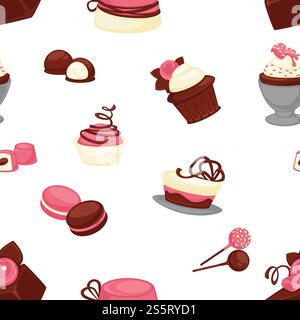 Bakery and cakes baked culinary products seamless pattern vector. Chocolate ingredients and topping, lollipop and cakes, candies with stuffing vanilla flour. Strawberry taste sweet food dessert. Bakery and cakes baked culinary products seamless pattern vector. Stock Vector
