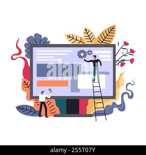 Internet advancing technologies, developers optimizing web pages on screen vector. Improvement of search results and applications. Men with cogwheels gears and leaves, floral foliage decoration. Internet advancing technologies, developers optimizing web pages on screen Stock Vector