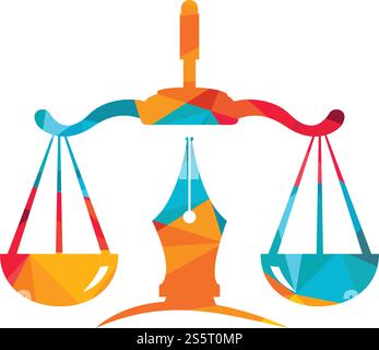 Law logo vector with judicial balance symbolic of justice scale in a pen nib. Logo vector for law, court, justice services and firms. Stock Vector