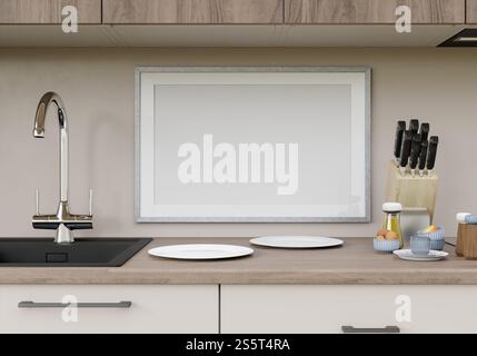 3D kitchen with white blank photo frame Stock Photo