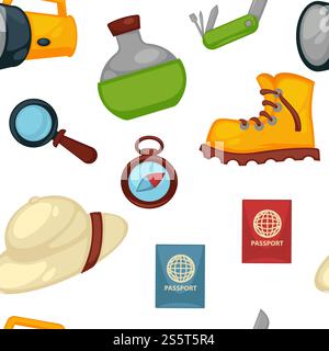 Travel appliances and signs flask and boot passport traveling document vector seamless pattern bottle with water magnifying glass tool for zooming image hat clothes and compass with world sides.. Travel appliances and signs flask and boot passport Stock Vector