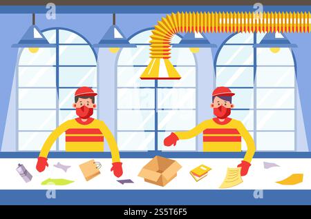 Garbage recycling conveyor. Workers of waste processing plant. Sorting ...