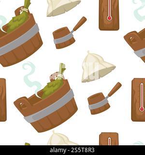 Sauna with wooden bucket and leaves seamless pattern vector. Healthcare and relaxing method used by nordic people. Swedish and Russian tradition of warming up and cooling, public bath therapy. Sauna with wooden bucket and leaves seamless pattern Stock Vector