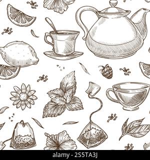 Tea kettle and beverage poured in mug monochrome sketch outline vector seamless pattern of lemon slices mint leaves and species go together with warm drink flower and raspberry berry sweet fruit.. Tea kettle and beverage poured in mug monochrome sketch outline Stock Vector
