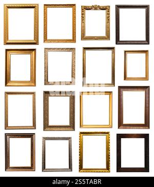 set of vertical old wooden picture frames isolated on white background with cut out canvas Stock Photo