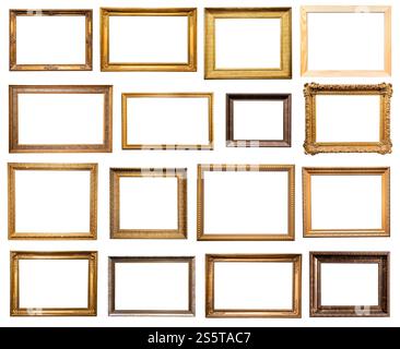 set of horizontal old wooden picture frames isolated on white background with cut out canvas Stock Photo