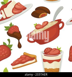 Sweets and cakes pasty foot baked meal with strawberries seamless pattern vector chocolate and ice cream in mug saucer with spoon slices of berry with toppings and jelly with int leaf decoration.. Sweets and cakes pasty foot baked meal with strawberries Stock Vector