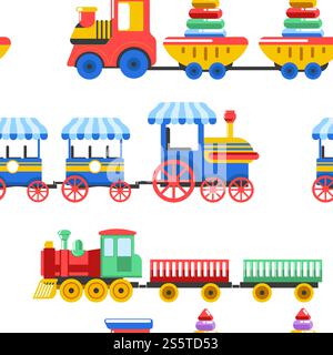 Toy trains with kid toys and children playthings for kindergarten boys children design seamless pattern. Vector isolated flat icons set of trains with ball, pyramids constructor and alphabet cubes in wagon. Toy trains with kid toys and children playthings for kindergarten boys children design seamless pattern. Stock Vector