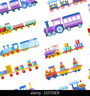 Toy trains with kid toys and children playthings for kindergarten boys children design seamless pattern. Vector isolated flat icons set of trains with ball, pyramids constructor and alphabet cubes in wagon. Toy trains with kid toys and children playthings for kindergarten boys children design seamless pattern. Stock Vector