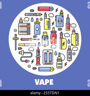 Vape products promotional poster with modern devices for smoking that produce steam with flavor and aroma isolated cartoon flat vector illustrations. Vape products promotional poster with modern devices Stock Vector