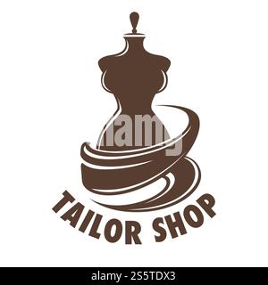 Tailor shop tailoring occupation in atelier mannequin logo vector monochrome sketch outline of store logotype bespoke clothes and repairing of damages clothing flat style isolated icon with text.. Tailor shop tailoring occupation in atelier mannequin logo Stock Vector