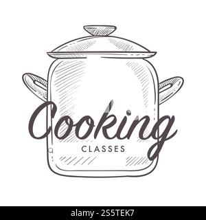 Cooking classes logotype of culinary school courses monochrome sketch outline vector big sauce pan with handles and cap kitchen skills improvement in special place learning how to prepare food.. Cooking classes logotype of culinary school courses Stock Vector