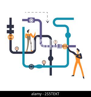 Plumbers professional workmen dealing with pipeline system of house vector service of experts people with tools and instruments working with construction and pressure glass devices with scale.. Plumbers professional workmen dealing with pipeline system of house Stock Vector