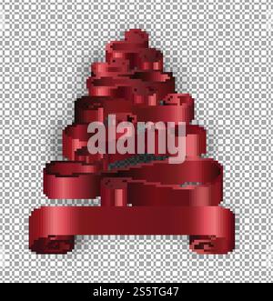 Christmas tree made of ribbons decoration stripes vector. Shape of pine with red tape branches, imitation of celebration spruce. Winter holidays decor, symbolic representation of triangle plant. Christmas tree made of ribbons decoration stripes vector. Stock Vector
