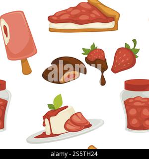 Sweets and cakes, strawberry with chocolate, plate with dessert seamless pattern isolated on white background vector. Frozen ice cream on steak, jam canned in jar, cocoa ingredients in meal food. Sweets and cakes, strawberry with chocolate, plate with dessert Stock Vector