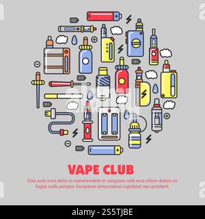 Vape products promotional poster with modern devices for smoking that produce steam with flavor and aroma isolated cartoon flat vector illustrations. Vape products promotional poster with modern devices Stock Vector