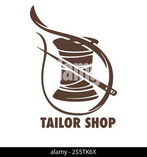 Tailor shop titled logo, banner sketch, close up needle with a bobbin, spool of thread, flat concept vector illustration on white background. Tailor shop sketch with a needle and bobbin of thread Stock Vector