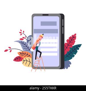 Man programming posting news on social media male with pencil vector human standing on ladder reaching smartphone cell phone with foliage and leaves coding and web design advanced technology.. Man programming posting news on social media male with pencil Stock Vector