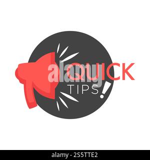 Quick tips poster giving advice. Hand gesture and headline placed in black block, logo of company service helping people to solve problems. Solution findings isolated on white vector illustration. Quick tips poster giving advice. Hand gesture and headline placed in black block Stock Vector