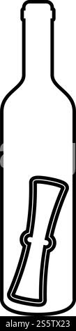 Bottle with letter Message concept Folded scroll document in old container icon outline black color vector illustration flat style simple image Stock Vector