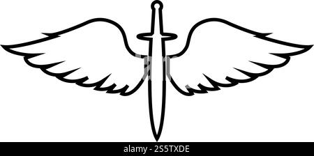 Wings and sword symbol cadets Winged blade weapon medieval age Warrior insignia Blazon bravery concept icon outline black color vector illustration flat style simple image Stock Vector