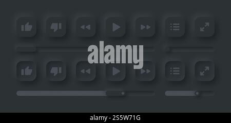 Online Video Media Player UI Neumorphism Dark Version vector Design Elements Set On Background. UI Components Buttons, Bars, Sliders In Simple Stock Photo